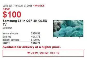 Costco Samsung 65-in Q7F 4K QLED TV offer