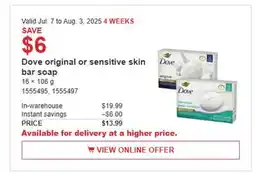 Costco Dove original sensitive skin bar soap offer