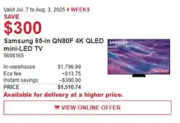 Costco Samsung 65-in QN80F 4K QLED mini-LED TV offer