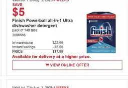 Costco Finish Power ball all-in-1 Ultra dishwasher detergent offer