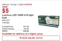 Costco Luminus LED 100W A19 light bulb offer