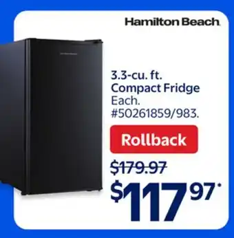 Walmart Hamilton Beach 3.3-Cu. ft. Compact Fridge offer