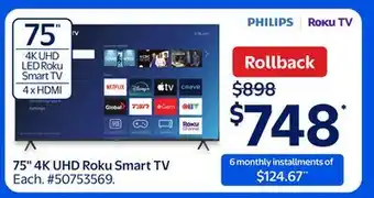 Walmart Philips 75 4K UHD Roku Smart TV offer