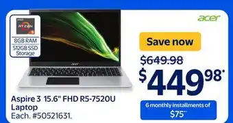 Walmart Aspire 3 15.6 FHD R5-7520U Laptop offer