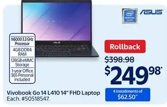 Walmart Asus Vivobook Go 14 L410 14 FHD Laptop offer