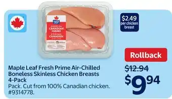 Walmart Maple Leaf Fresh Prime Air-Chilled Boneless Skinless Chicken Breasts 4-Pack offer