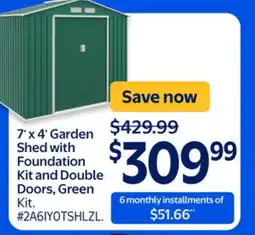 Walmart 7'x 4' Garden Shed with Foundation Kit and Double Doors, Green offer