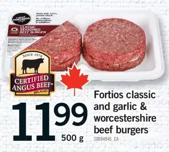 Fortinos FORTIOS CLASSIC AND GARLIC & WORCESTERSHIRE BEEF BURGERS, 500 G offer