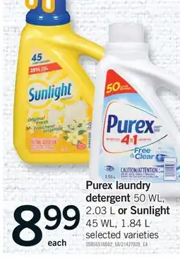 Fortinos PUREX LAUNDRY DETERGENT 50 WL, 2.03 L OR SUNLIGHT 45 WL, 1.84 L offer