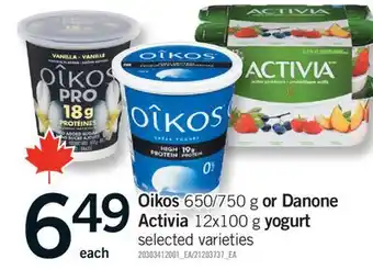 Fortinos OIKOS, 650/750 G OR DANONE ACTIVIA, 12X100 G YOGURT offer