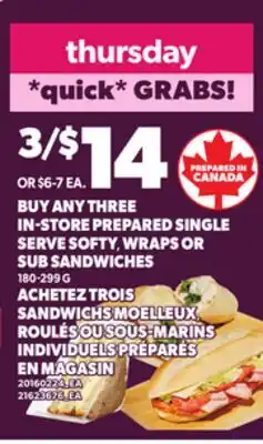 Independent Grocer IN-STORE PREPARED SINGLE SERVE SOFTY, WRAPS OR SUB SANDWICHES, 180-299 G offer