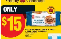 No Frills PC , BLUE MENU , THICK & JUICY or FREE FROM BURGERS, 1.02 kg offer
