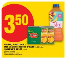 No Frills OASIS, ARIZONA or DEL MONTE DRINK BOXES, 8x200 mL or SUNRYPE JUICE, 1.36 L offer