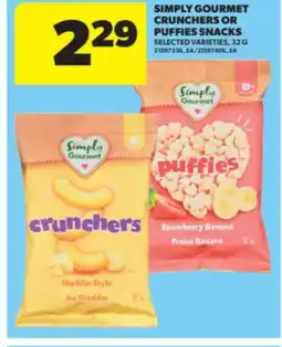 Real Canadian Superstore SIMPLY GOURMET CRUNCHERS OR PUFFIES SNACKS, 32 G offer