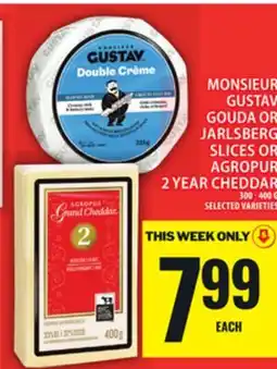 Food Basics MONSIEUR GUSTAV GOUDA OR JARLSBERG SLICES OR AGROPUR 2 YEAR CHEDDAR offer