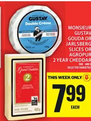 Food Basics MONSIEUR GUSTAV GOUDA OR JARLSBERG SLICES OR AGROPUR 2 YEAR CHEDDAR offer