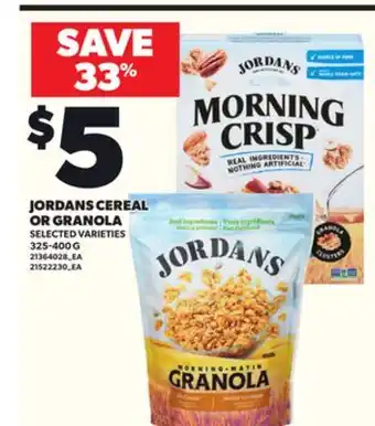 Loblaws JORDANS CEREAL OR GRANOLA, 325-400G offer