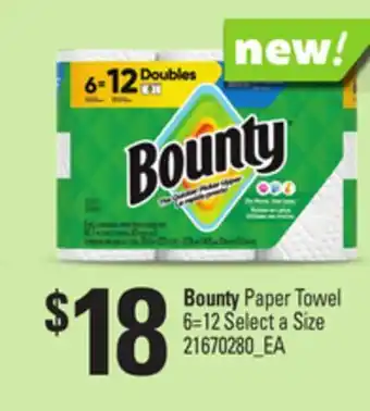 Loblaws BOUNTY PAPER TOWEL 6=12 SELECT A SIZE offer