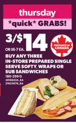 Loblaws IN-STORE PREPARED SINGLE SERVE SOFTY WRAPS OR SUB SANDWICHES, 180-299 G offer