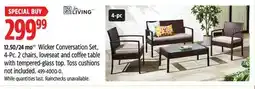 Canadian Tire Living Wicker Conversation Set, 4-Pc. 2 chairs, loveseat and coffee table with tempered-glass to offer