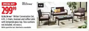 Canadian Tire Living Wicker Conversation Set, 4-Pc. 2 chairs, loveseat and coffee table with tempered-glass to offer