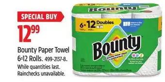 Canadian Tire Bounty Paper Towel 6=12 Rolls offer