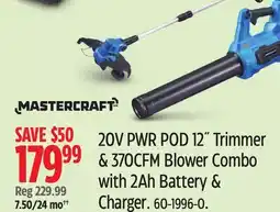 Canadian Tire Mastercraft 20V PWR POD 12 Trimmer & 370 CFM Blower Combo With 2 Ah Battery & Charger offer