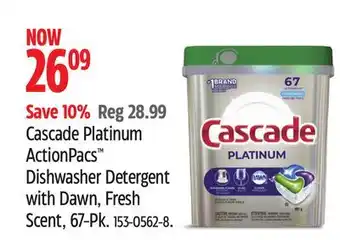 Canadian Tire Cascade Platinum ActionPacs Dishwasher Detergent with Dawn, Fresh Scent, 67-Pk offer