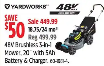 Canadian Tire Yardworks 48V Brushless 3-in-1 Mower, 20 with 5Ah Battery & Charger offer