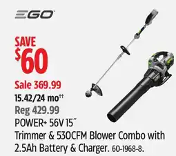 Canadian Tire EGO POWER+ 56 V 15 tRIMMER & 530 CFM Blower Combo With 2.5Ah Battery & Charger offer