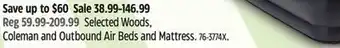 Canadian Tire Selected Woods, Coleman and Outbound Air Beds and Mattress offer