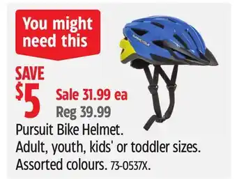 Canadian Tire Pursuit Bike Helmet. Adult, youth, kids' or toddler sizes. Assorted colours offer