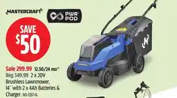 Canadian Tire Mastercraft Brushless Lawnmower. 14 with 2 s 4Ah batteries & charger offer