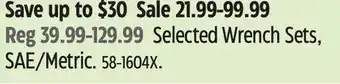 Canadian Tire Mastercraft Selected Wrench Sets, SAE/Metric offer
