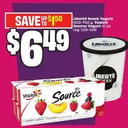 Chalo FreshCo Liberté Greek Yogurt 650-750 g, Yoplait Source Yogurt 16 pk offer