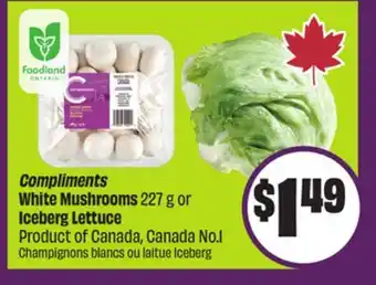 Chalo FreshCo Compliments White Mushrooms 227 g or Iceberg Lettuce Product of Canada, Canada No. 1 offer