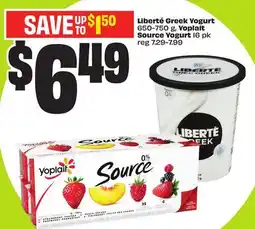 FreshCo Liberté Greek Yogurt 650-750 g, Yoplait Source Yogurt 16 pk offer