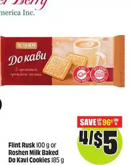 FreshCo Flint Rusk 100 g or Roshen Milk Baked Do Kavi Cookies 185 g offer