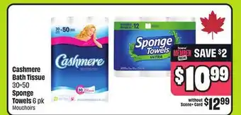 FreshCo Cashmere Bath Tissue 30=50 Sponge Towels 6 pk offer