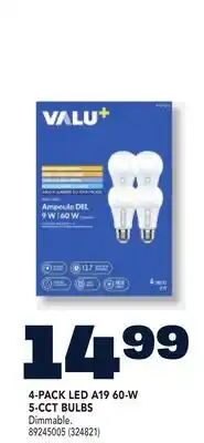 RONA VALU+ 4-PACK LED A19 60-W 5-CCT BULBS offer