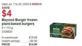 Costco Beyond Burger frozen plant-based burgers offer
