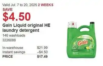 Costco Gain Liquid original HE laundry detergent offer
