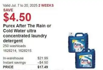 Costco Purex after the rain or cold water ultra concentrated laundry detergent offer