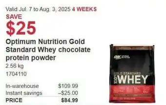 Costco Optimum nutrition gold standard whey chocolate protein powder offer