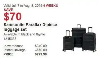 Costco Samsonite Parallax 3 piece luggage set offer