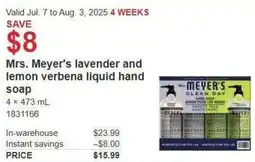 Costco Mrs. Meyer's lavender and lemon verbena liquid hand soap offer