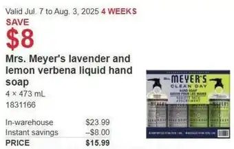 Costco Mrs. Meyer's lavender and lemon verbena liquid hand soap offer