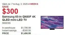 Costco Samsung 65-in QN80F 4K QLED mini-LED TV offer