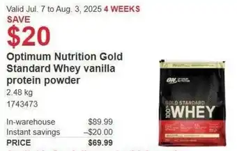 Costco Optimum nutrition gold standard whey vanilla protein powder offer