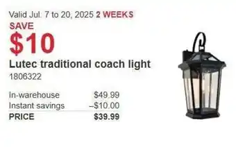 Costco Lutec traditional coach light offer